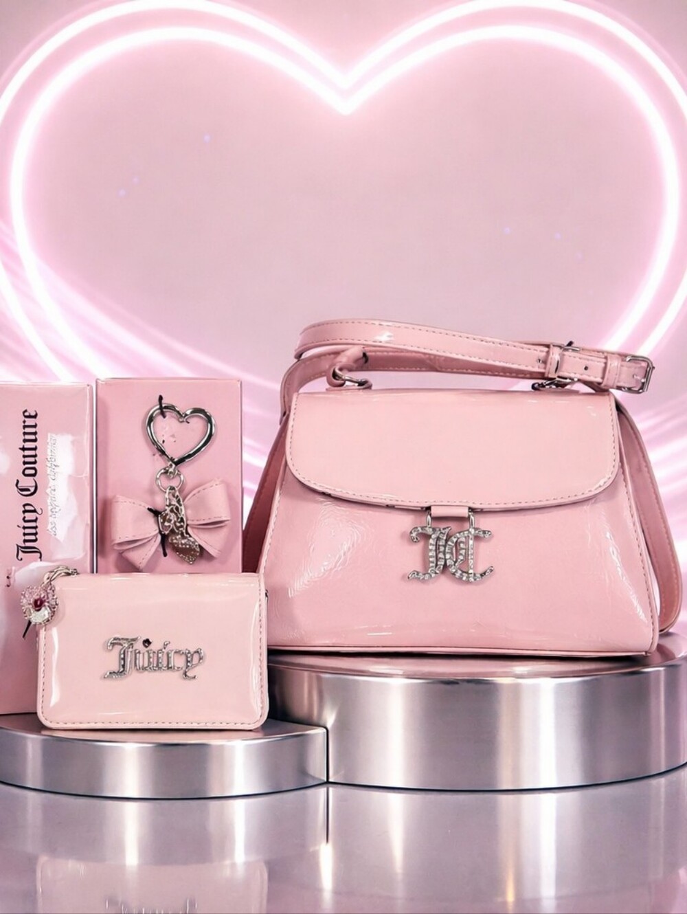 Juicy Couture Light Pink Patent Shoulder Bag with Charm And Wallet Giftable